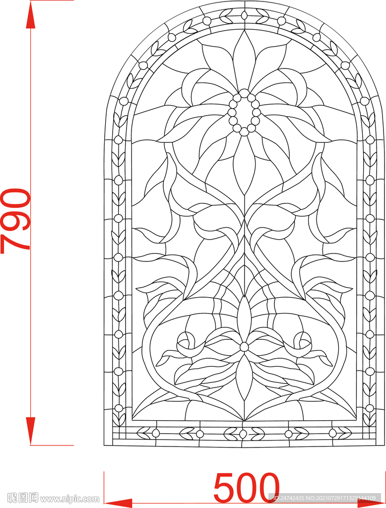 欧式彩雕花纹窗户描边路径