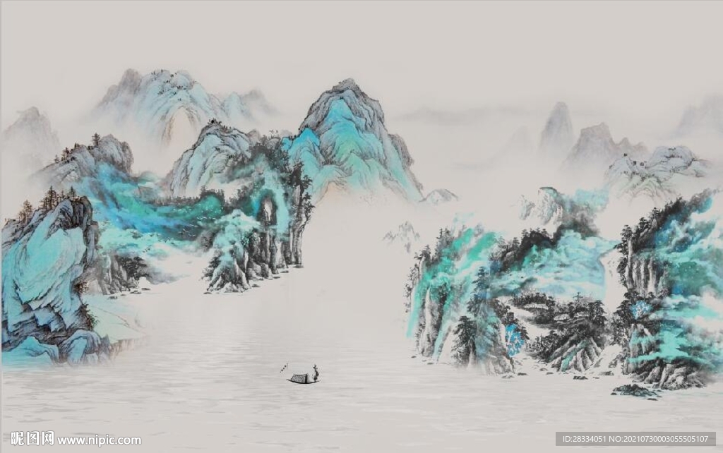 新中式青山绿水水墨国画背景墙