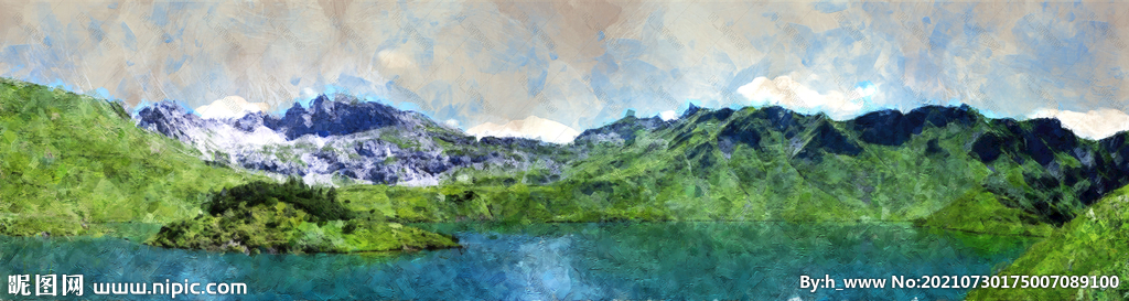 手绘山水风景画广角长图插画