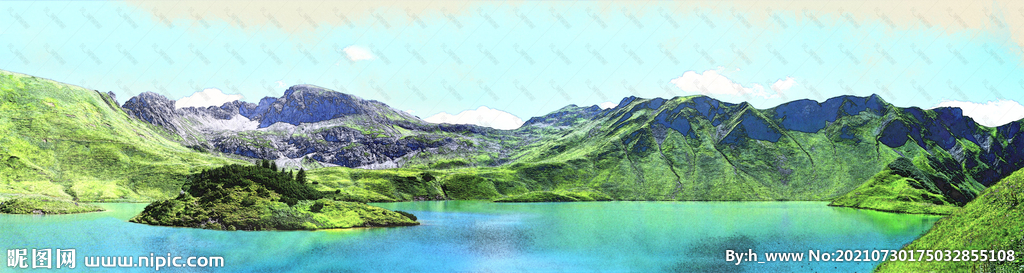 手绘山水风景画广角长图插画