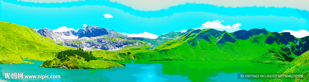 手绘山水风景画广角长图插画