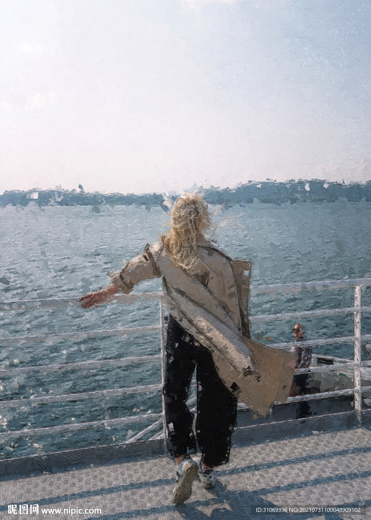 数字油画装饰画素材海边美女