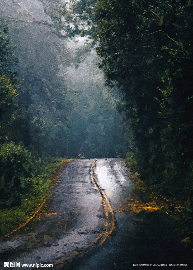 数字油画装饰画素材傍晚林间道路