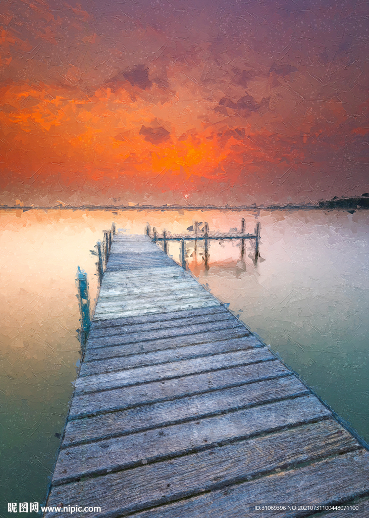 数字油画装饰画素材夕阳海边栈桥