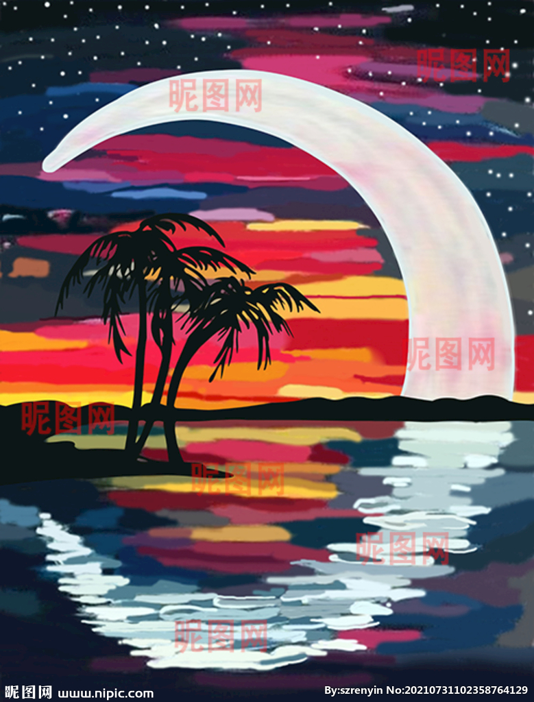 海边的夜晚水彩画