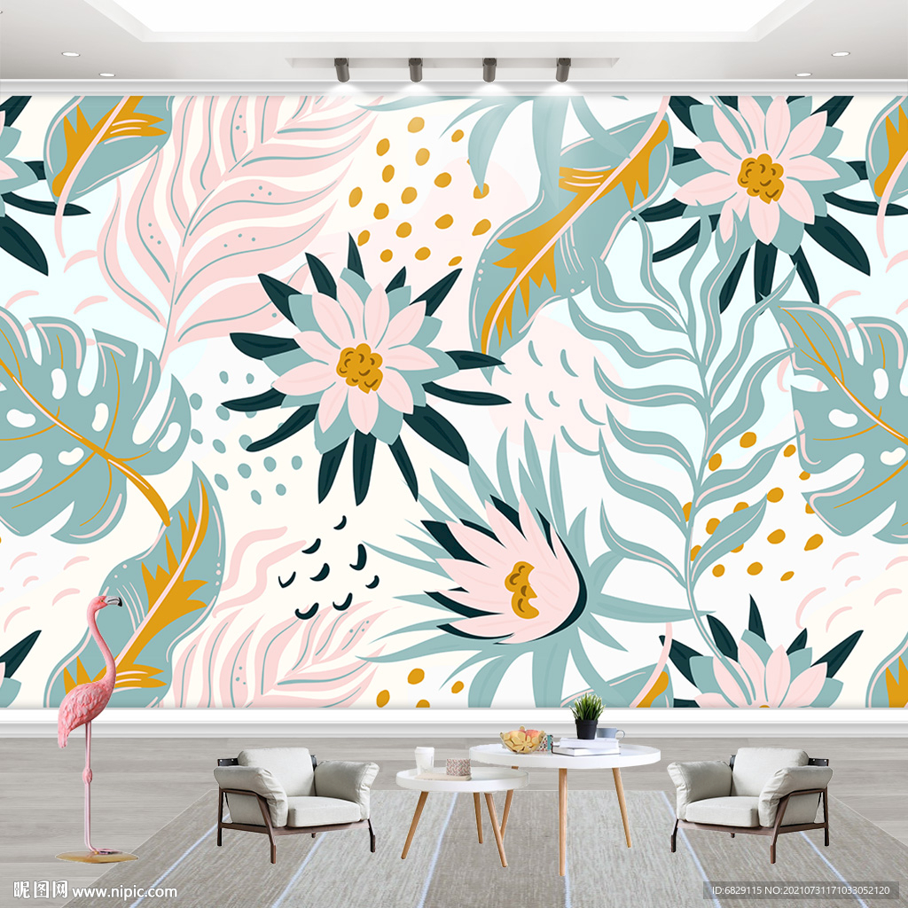 北欧现代手绘花卉背景墙壁纸