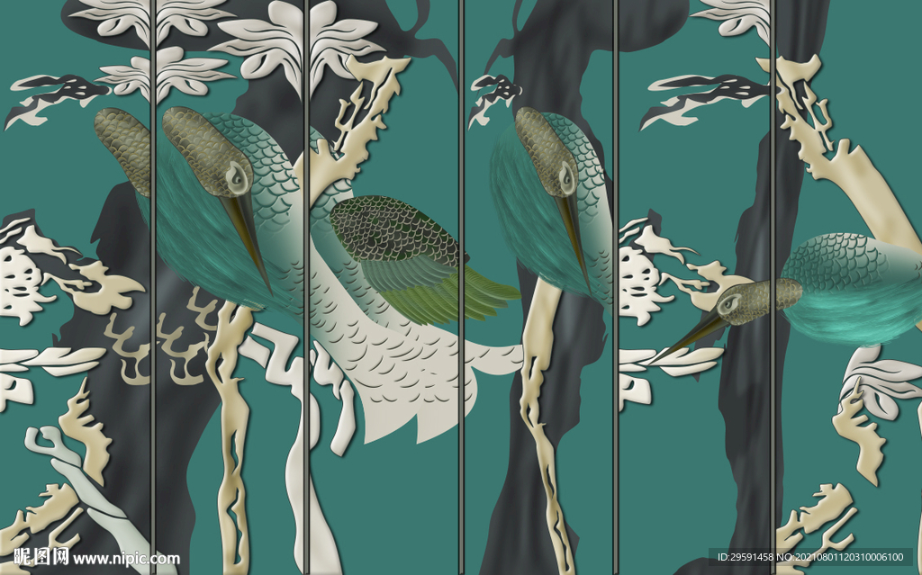 手绘孔雀屏风花鸟图