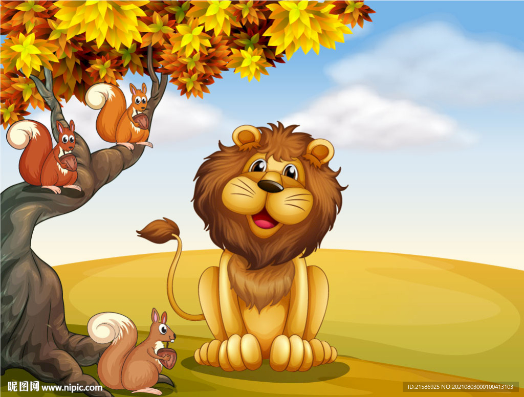 卡通狮子与卡通松鼠风景矢量素材