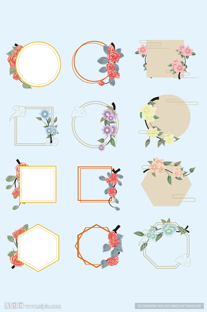 AI矢量中式花朵花草圆形装饰框