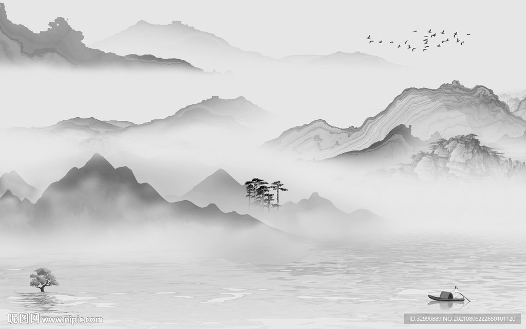 新中式灰色最新山水 TIF分层