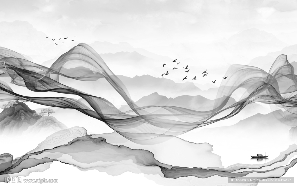 线条 灰色意境山水 TIF分层