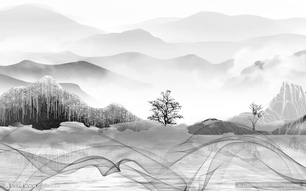 中式灰色意境山水 TIF分层
