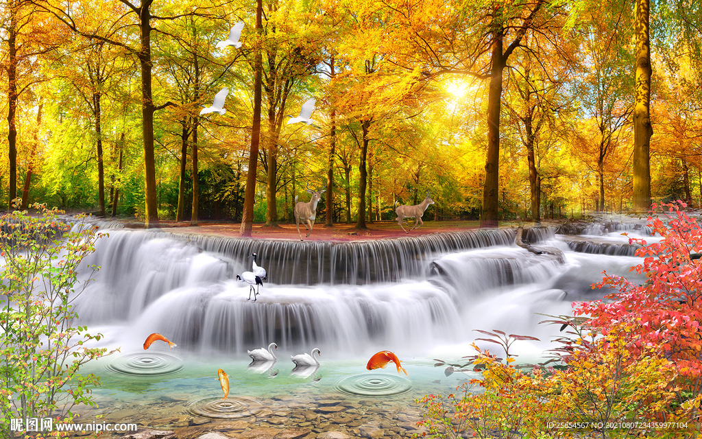 枫树林金秋流水生财背景墙