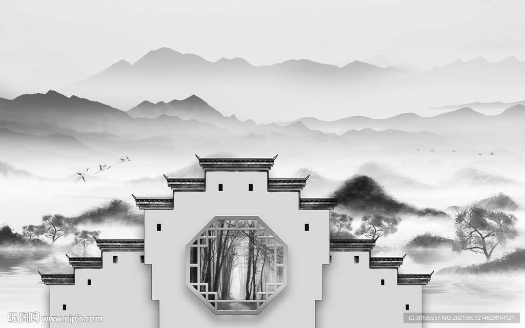 灰色徽派山水 TIF文件分层