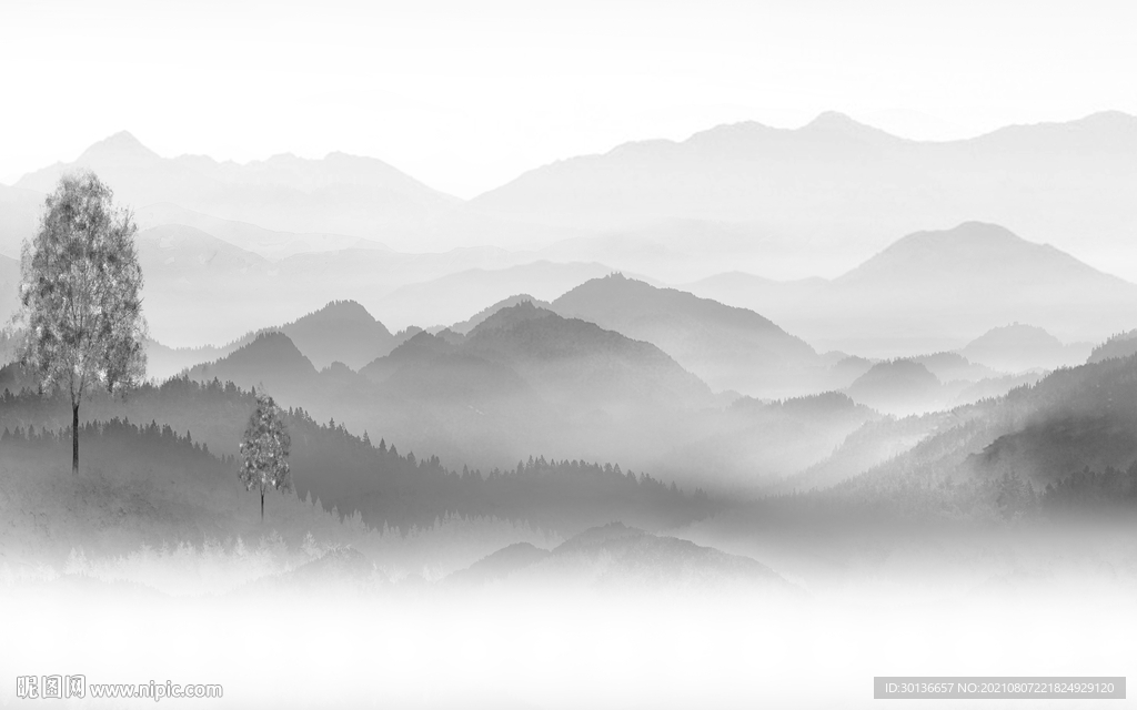 人气 灰色山水画 TIF分层图