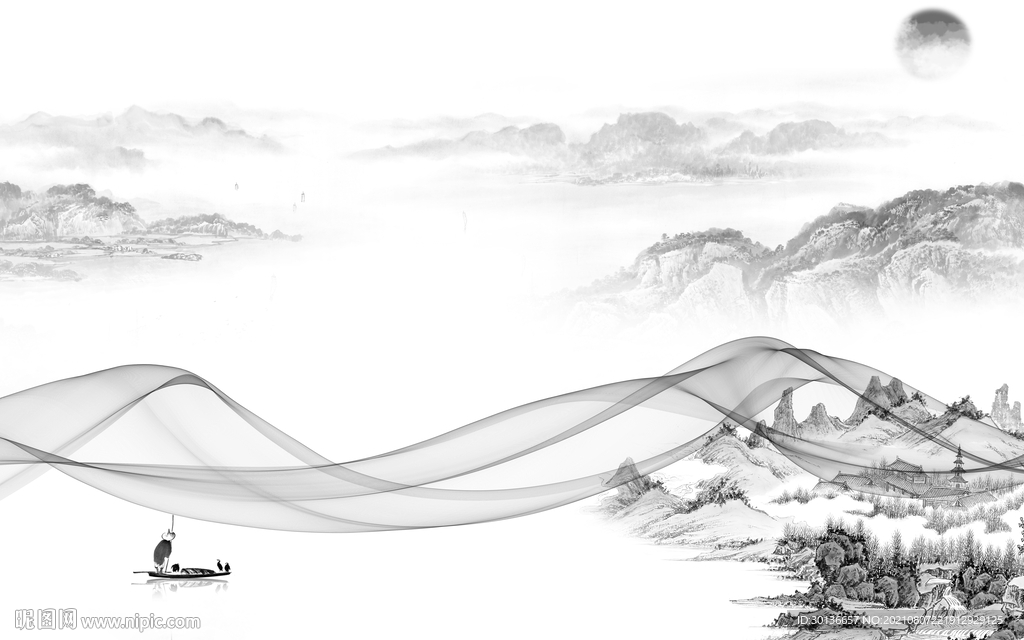 新品 灰色山水画 TIF分层图