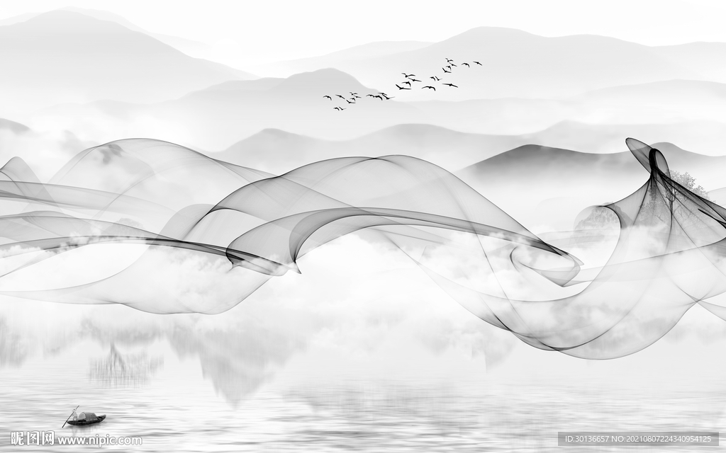 新中式灰色山水画 TIF分层图