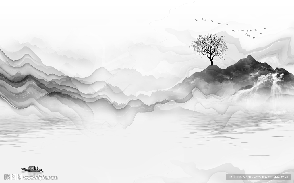 最新 灰色山水画 TIF分层图