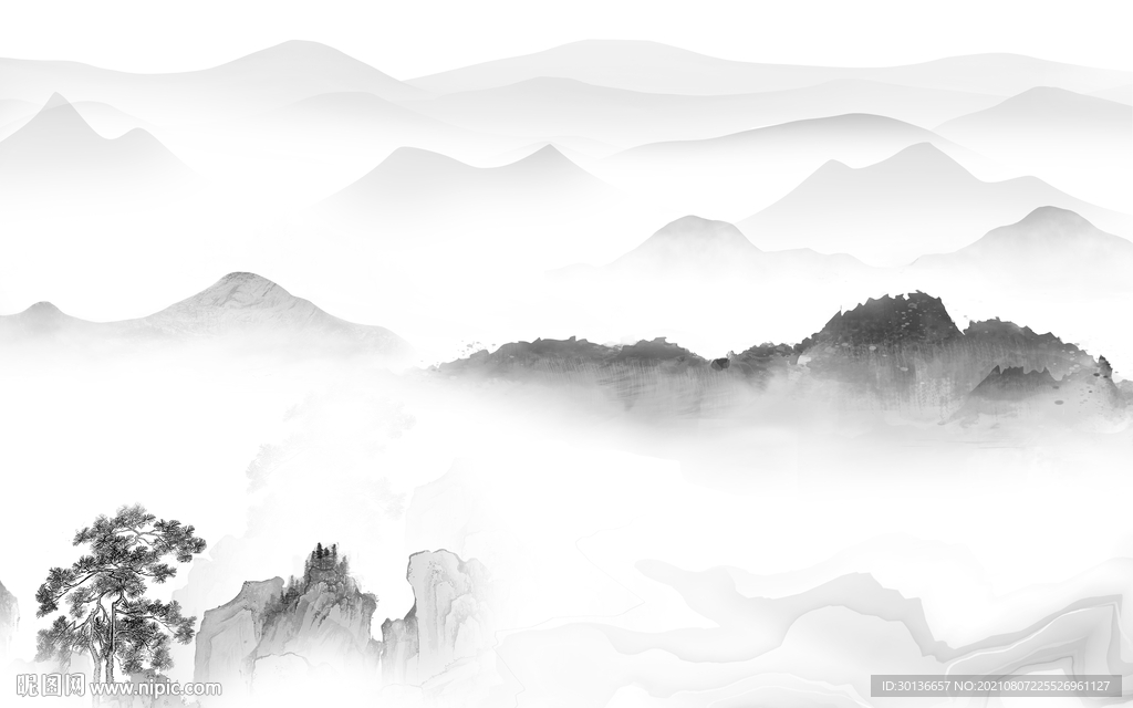 高端 灰色山水画 TIF分层图