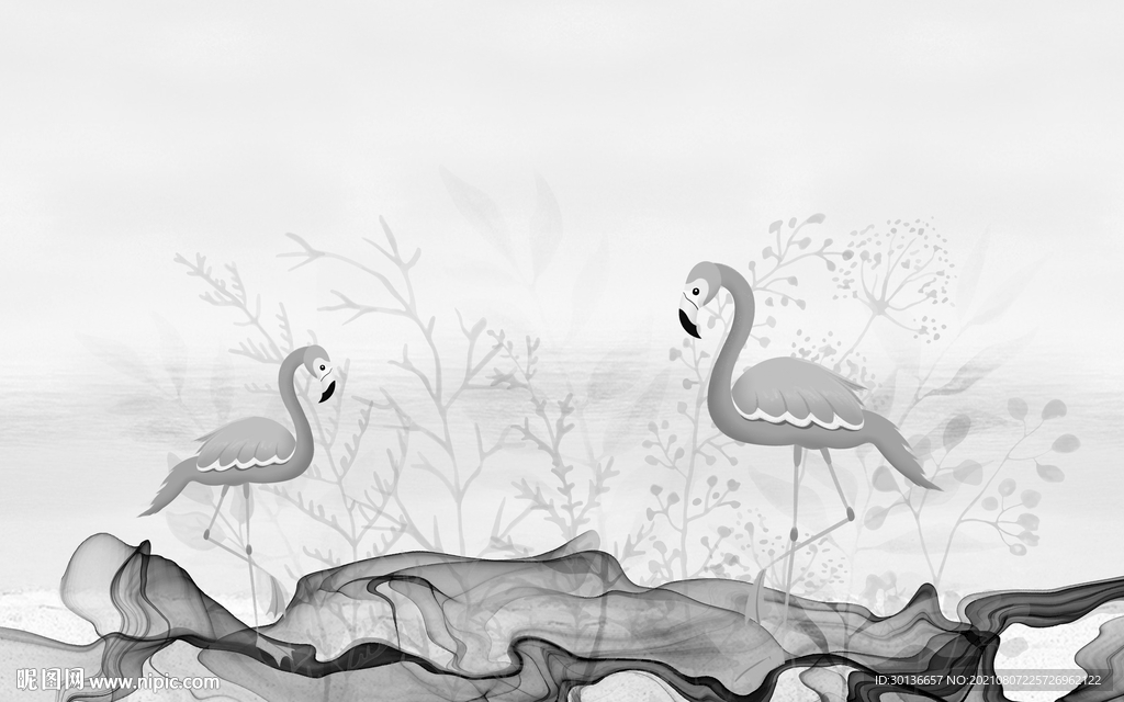 火烈鸟灰色画水 TIF文件分层