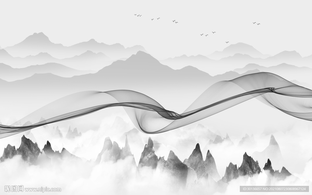 中式 灰色山水画 TIF分层图