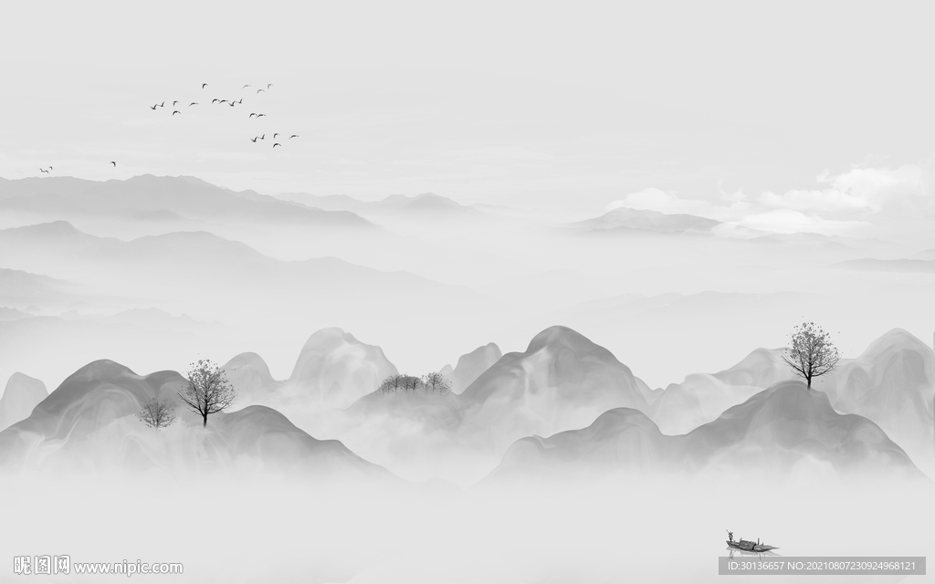 高清 灰色山水画 TIF分层图