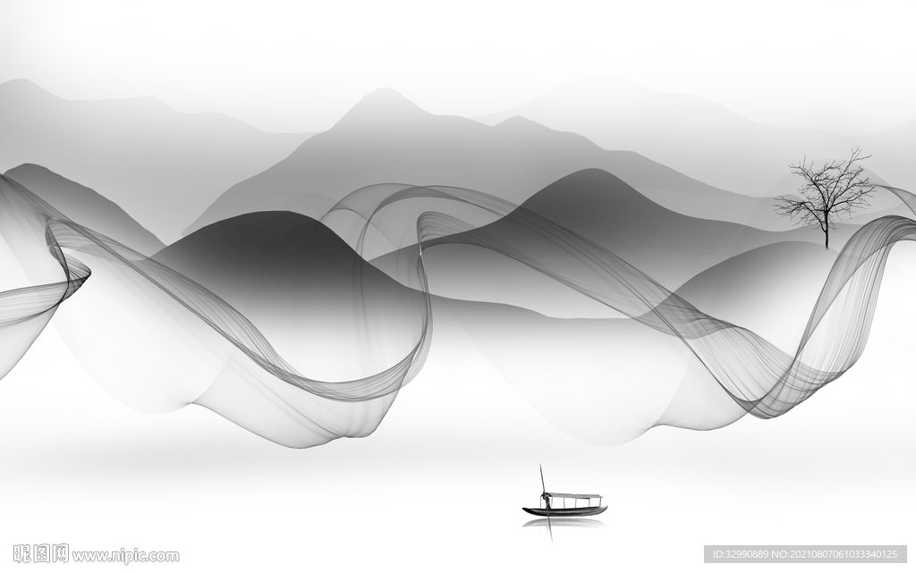 爆款灰色山水 TIF分层画 