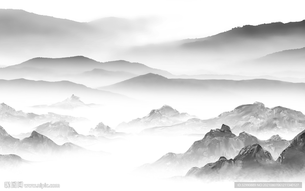 新中式灰色山水 TIF分层画 