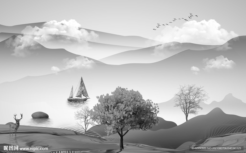 高清 灰色背景山水 TIF分层