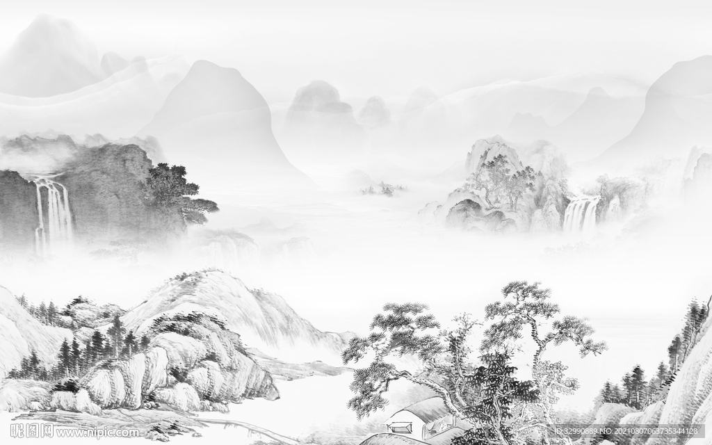 中式灰色意境山水 TIF分层