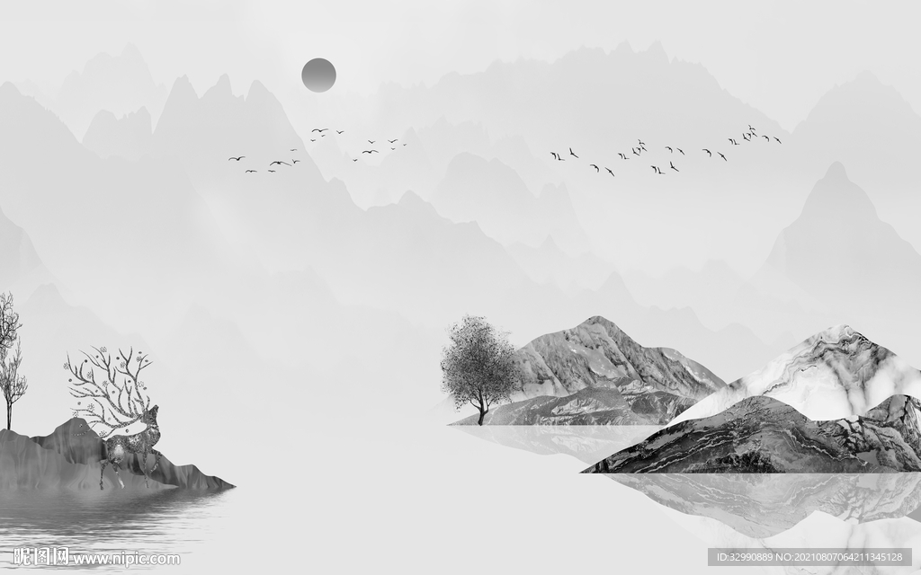简约灰色山水 TIF分层画 