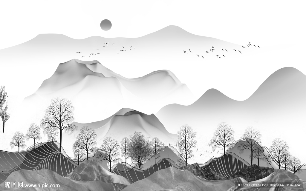 高清灰色山水 TIF分层画 