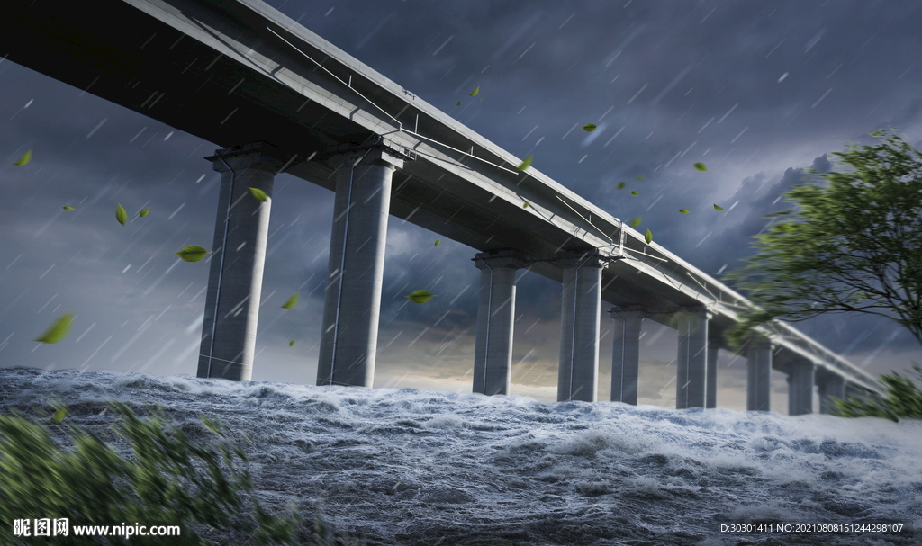 桥梁暴雨灾害台风海报背景素材