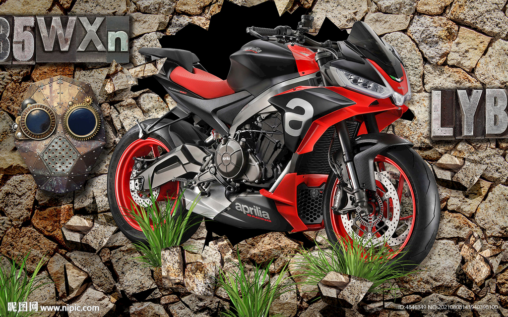 怀旧墙壁3D破墙摩托车背景墙