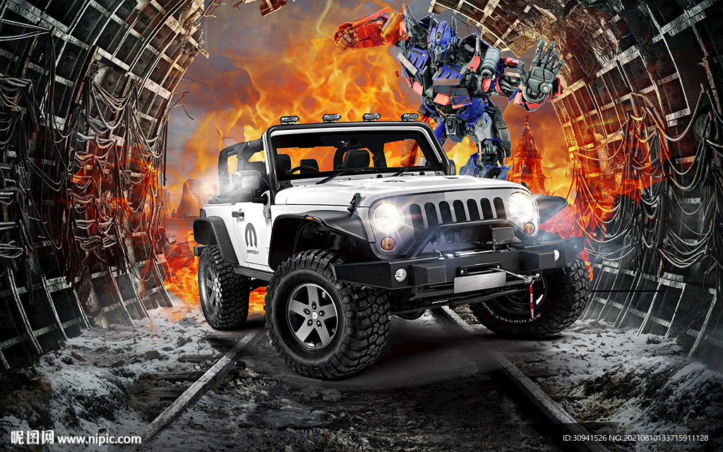 3d机器人越野车工装酒吧背景墙