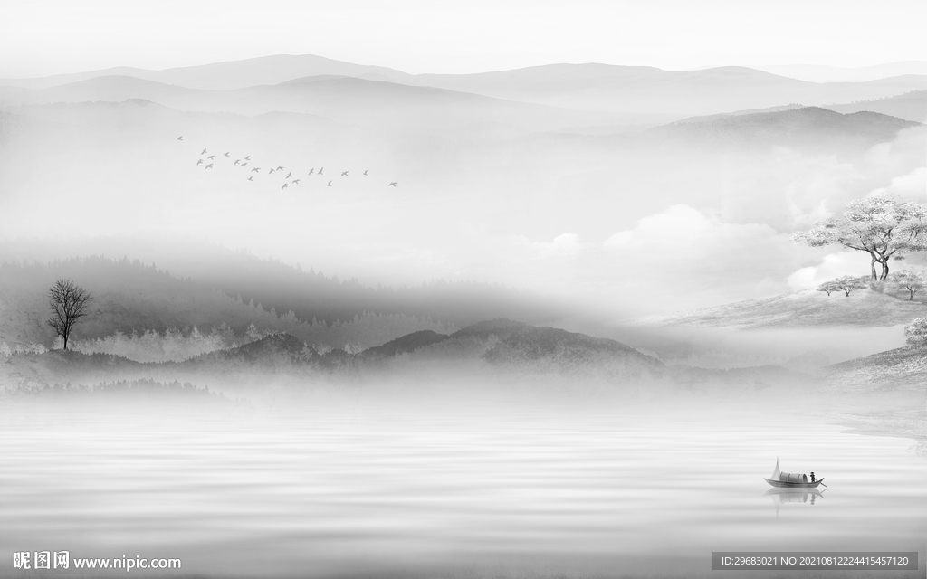 新中式高端灰山水画 tif分层