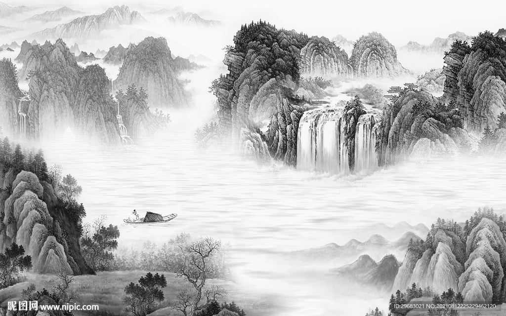 别墅大气灰山水画 tif分层