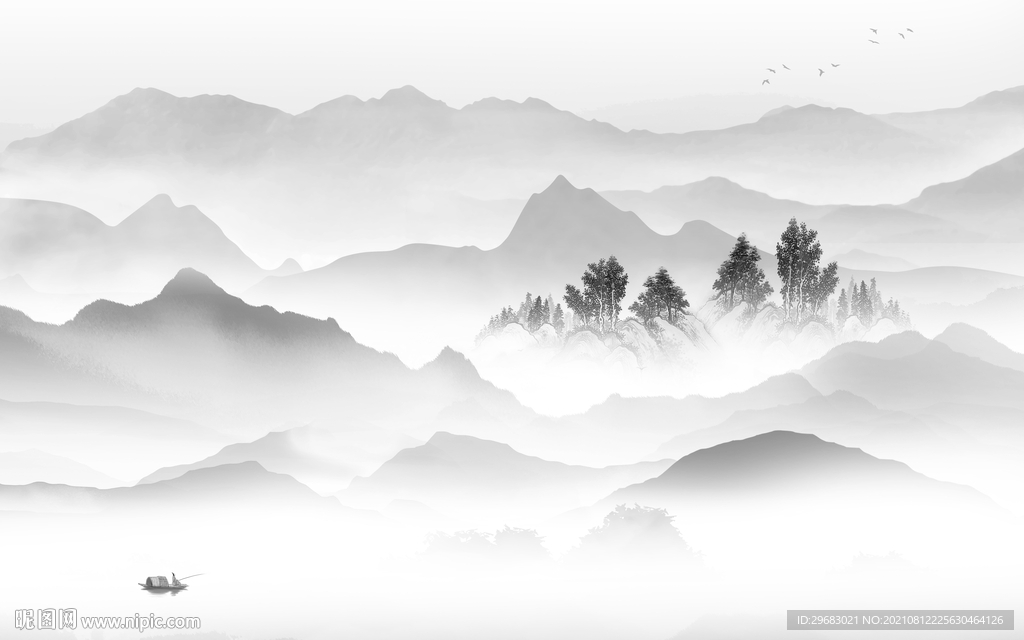 新品大气灰山水画 tif分层