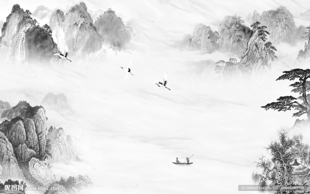 最新大气灰山水画 tif分层