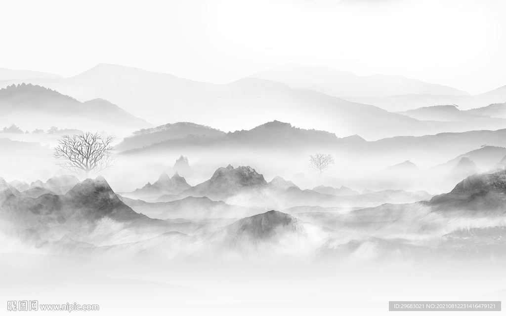 新中式大气灰山水画 tif分层