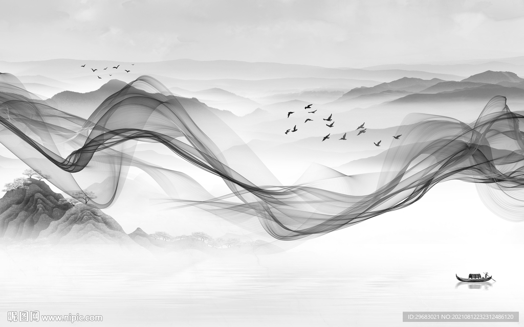 新款大气灰山水画 tif分层