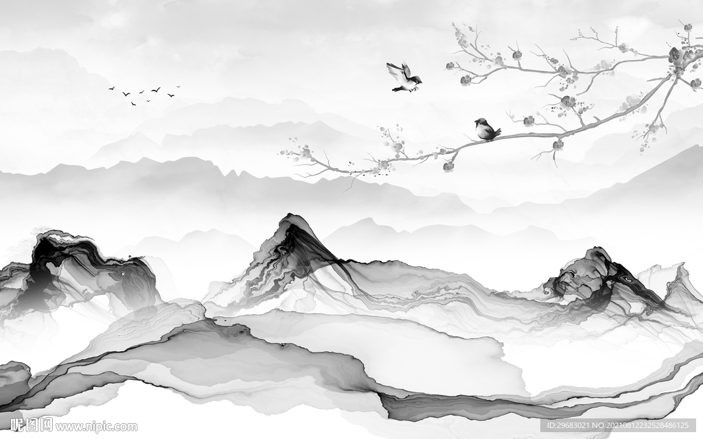 花鸟大气灰山水画 tif分层