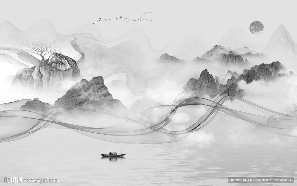 高清 大气灰山水画 tif分层