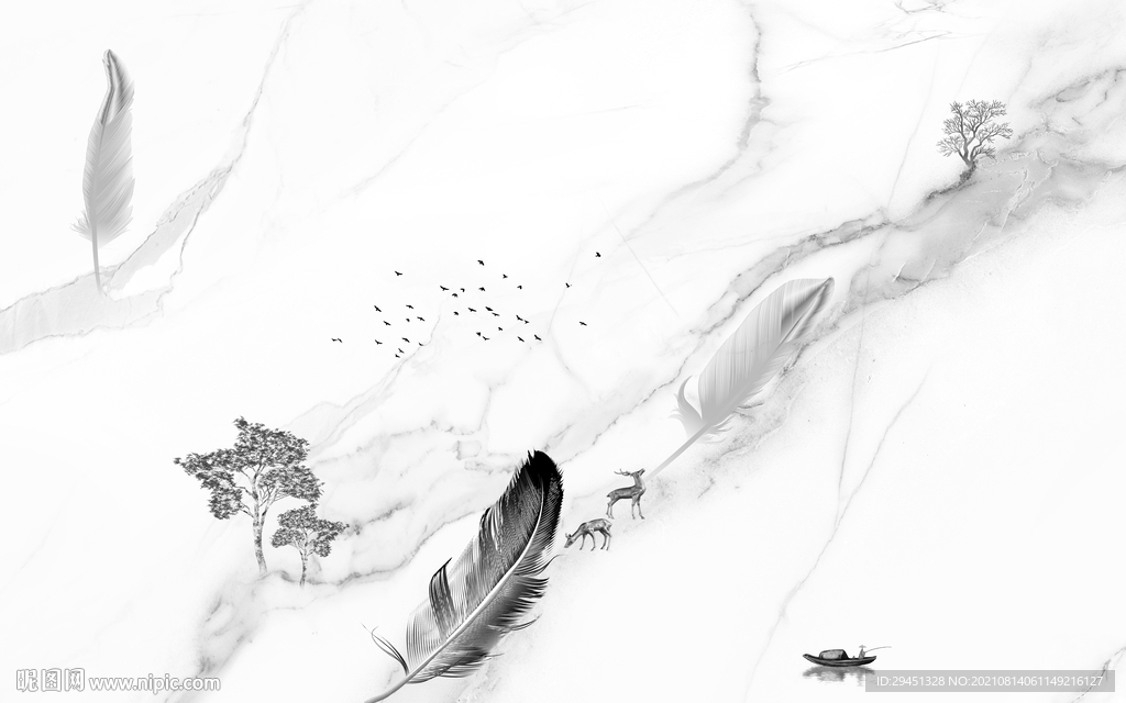 羽毛中式灰色背景墙 tif分层