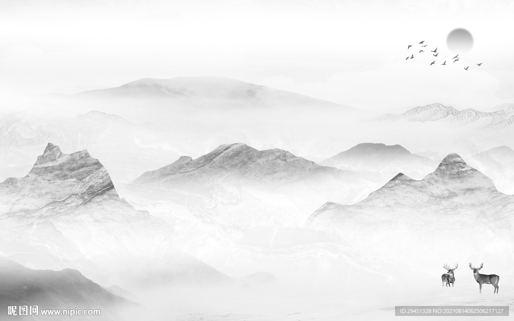 最新中式灰色山水 tif分层