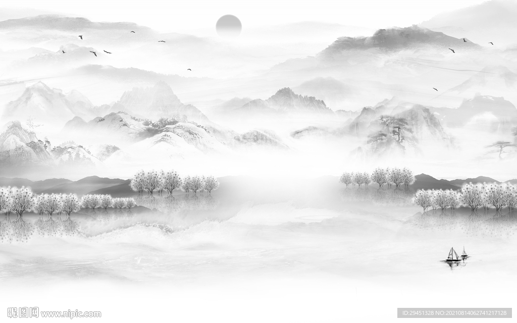 背景墙中式灰色山水 tif分层