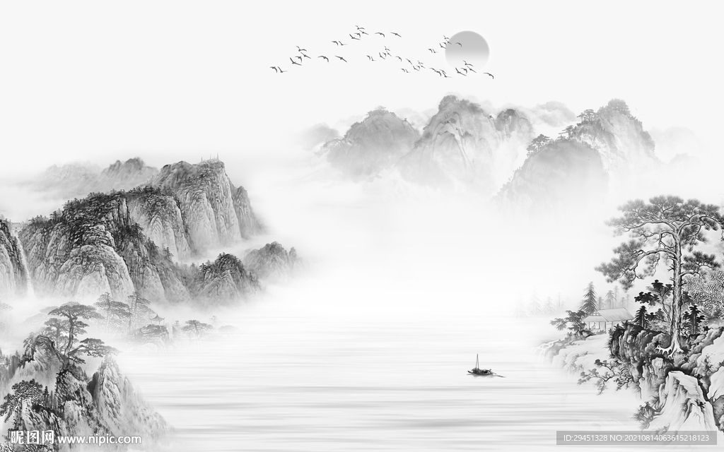 简约中式灰色山水 tif分层