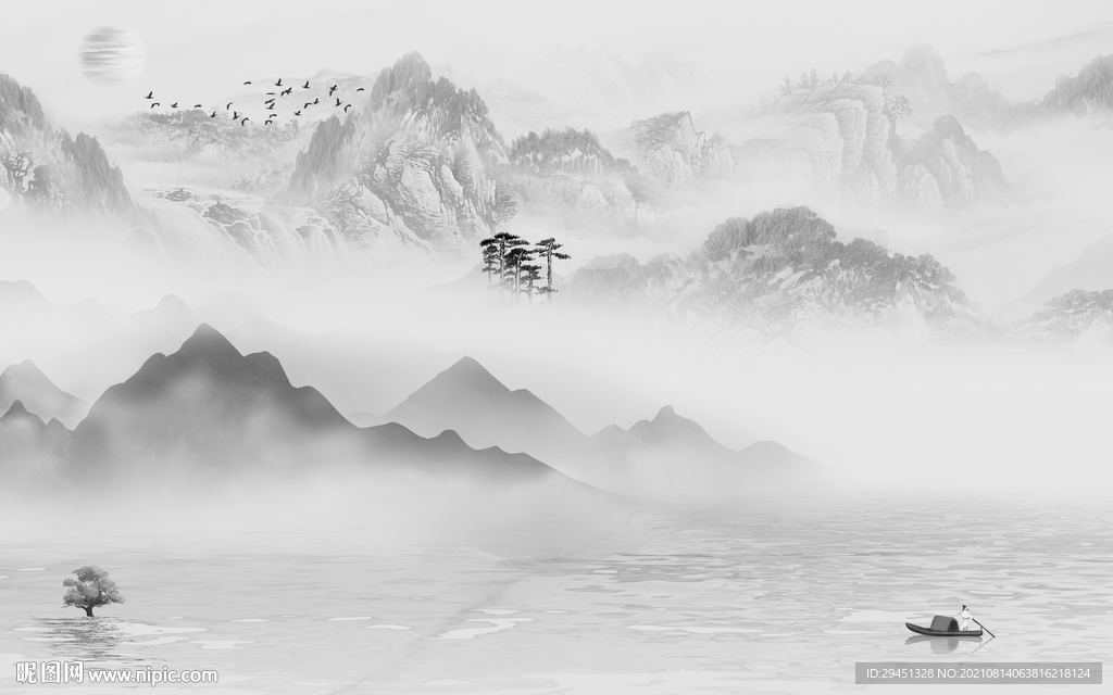 高档 中式灰色山水 tif分层