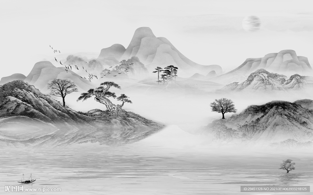 新品 意境灰色山水 tif分层