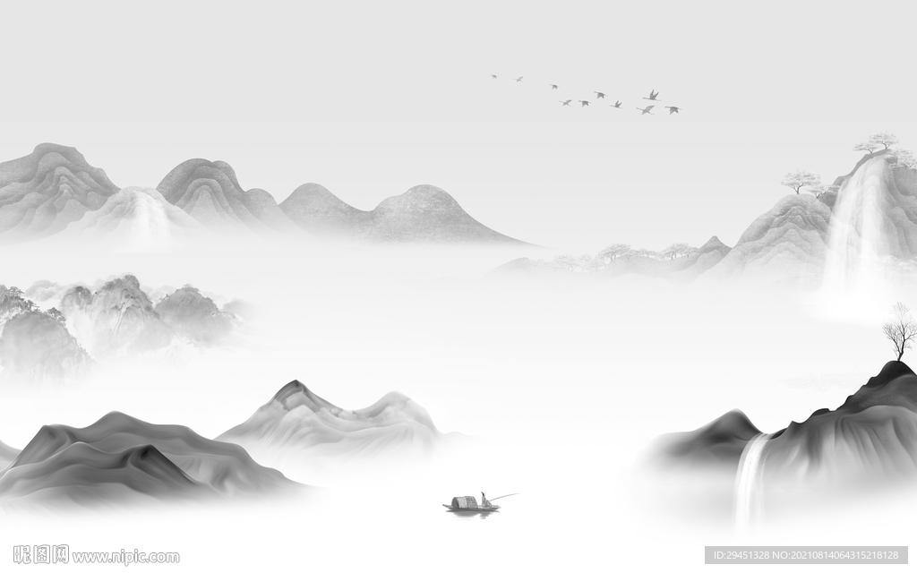 最新意境灰色山水 tif分层